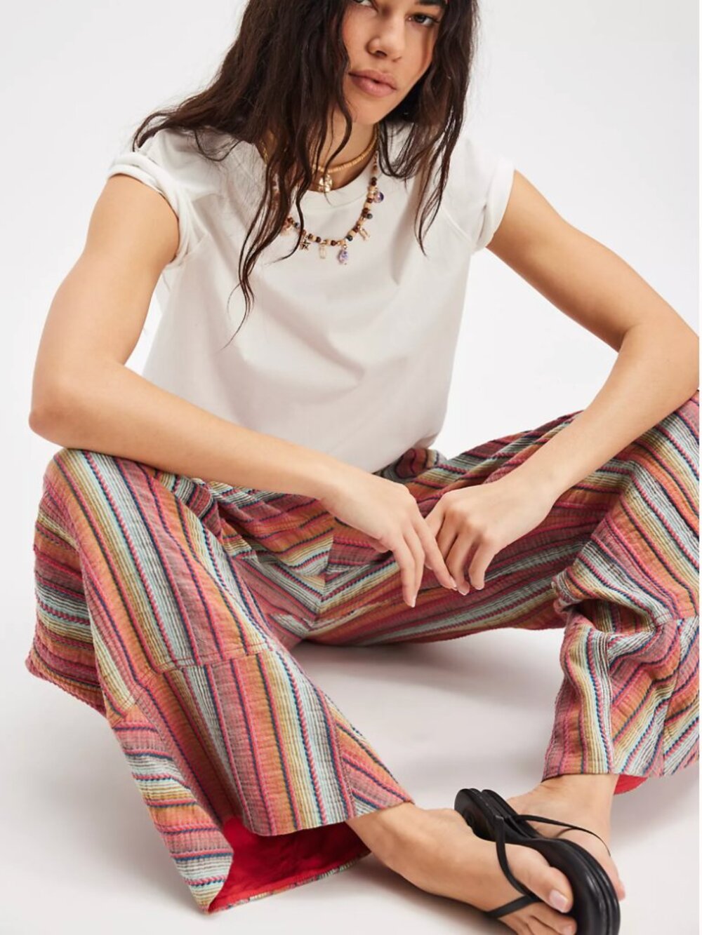 🌅 Free People Days End Stripe Pants – Red Combo Boho Wide Leg - Sold Out Small